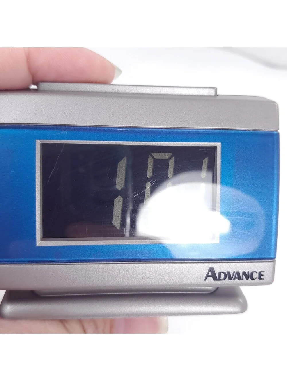 Advance travel alarm clock Model 3103 digital silver blue mini battery electric